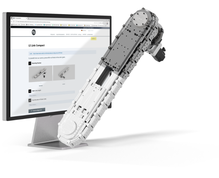 CAD configurator displayed on a monitor with a digital model of the LS Link Compact precision link conveyor.