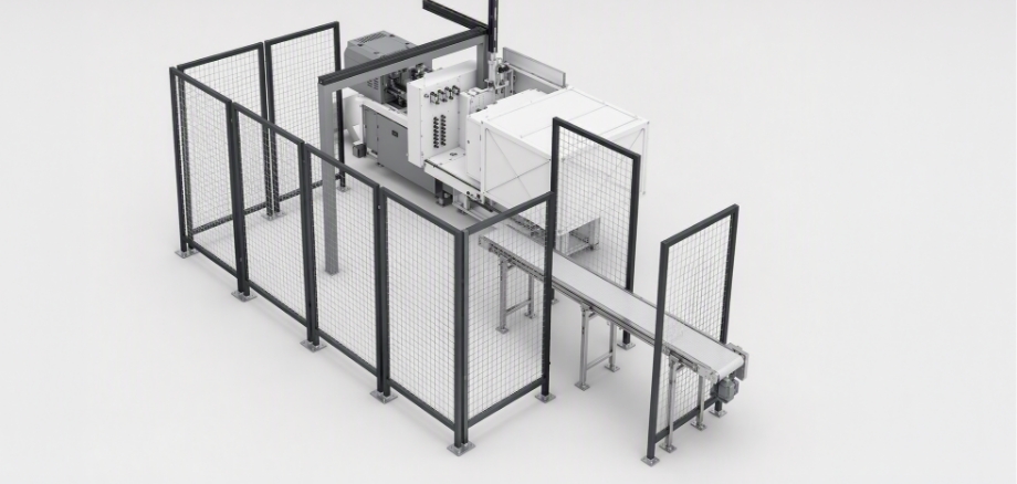 Guarded injection molding automation without a downstream conveyor for material transport without integrated processing.