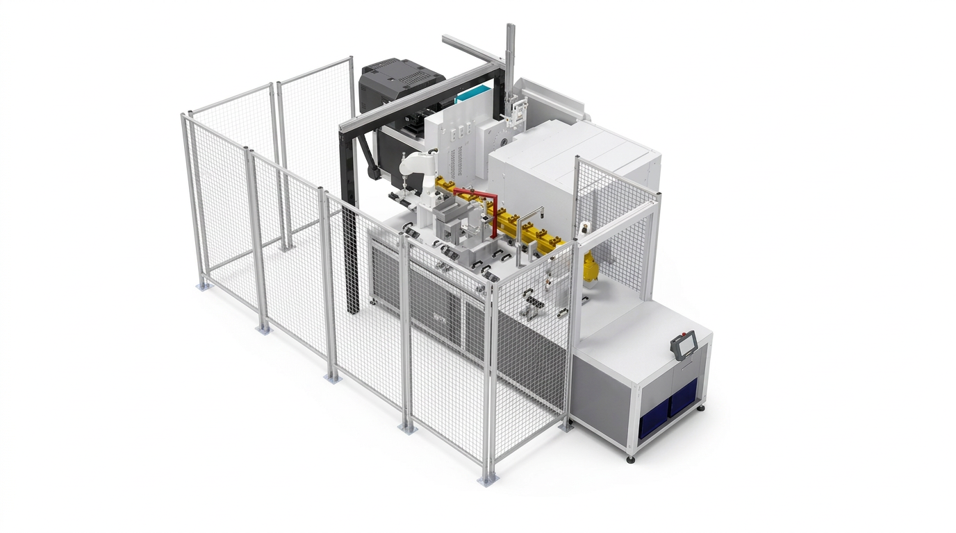 Compact automated injection molding assembly system with guarding, processing stations, and LS Link Compact.